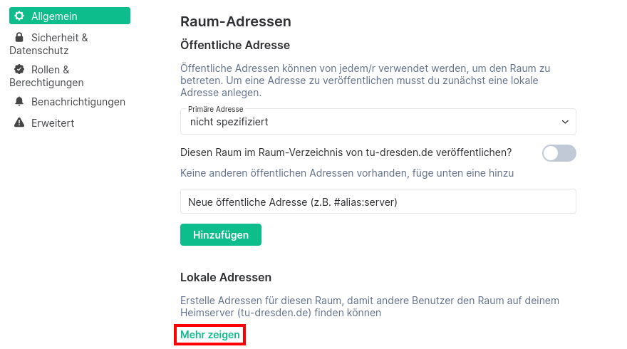 Raumeinstellungen mit dem mehr anzeigen ausgewählt