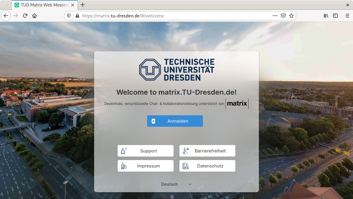 Startseite von Element Webclient mit Anmeldebutton