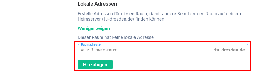 Raumeinstellungen mit dem lokale Adressen ausgewählt