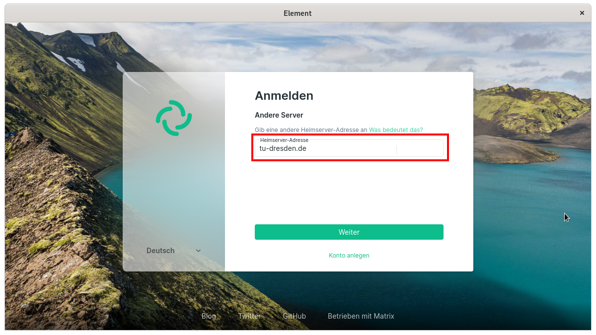 Eingabefeld zum Ändern des Homeservers mit der Eingabe matrix.tu-berlin.de