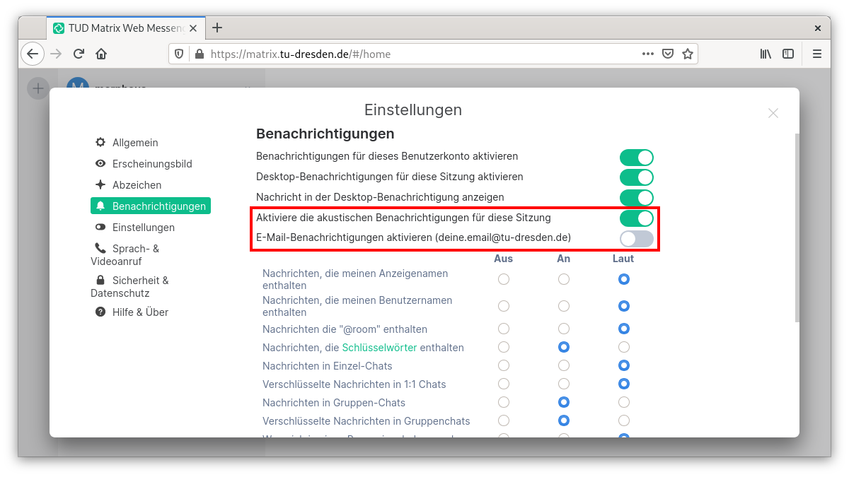 Screenshot der Benarchrichtigungeneinstellungen mit einer Makierung der ausgeschalteten E-Mail benachrichtigungen