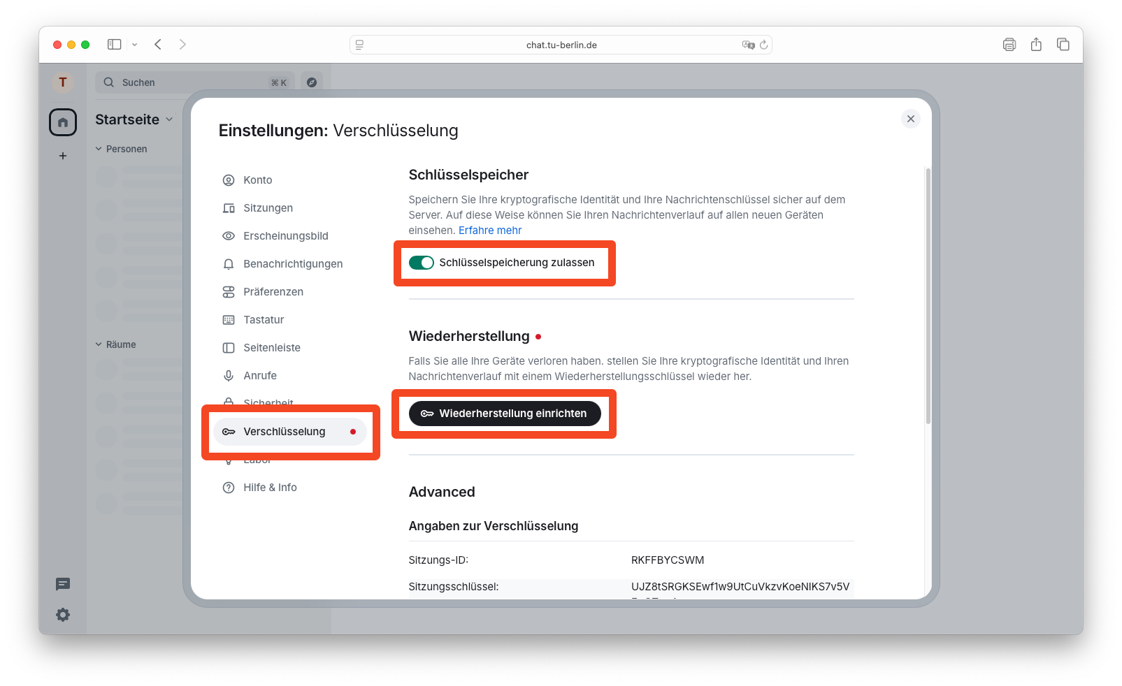 Einstellungen im Reiter “Verschlüsselung”