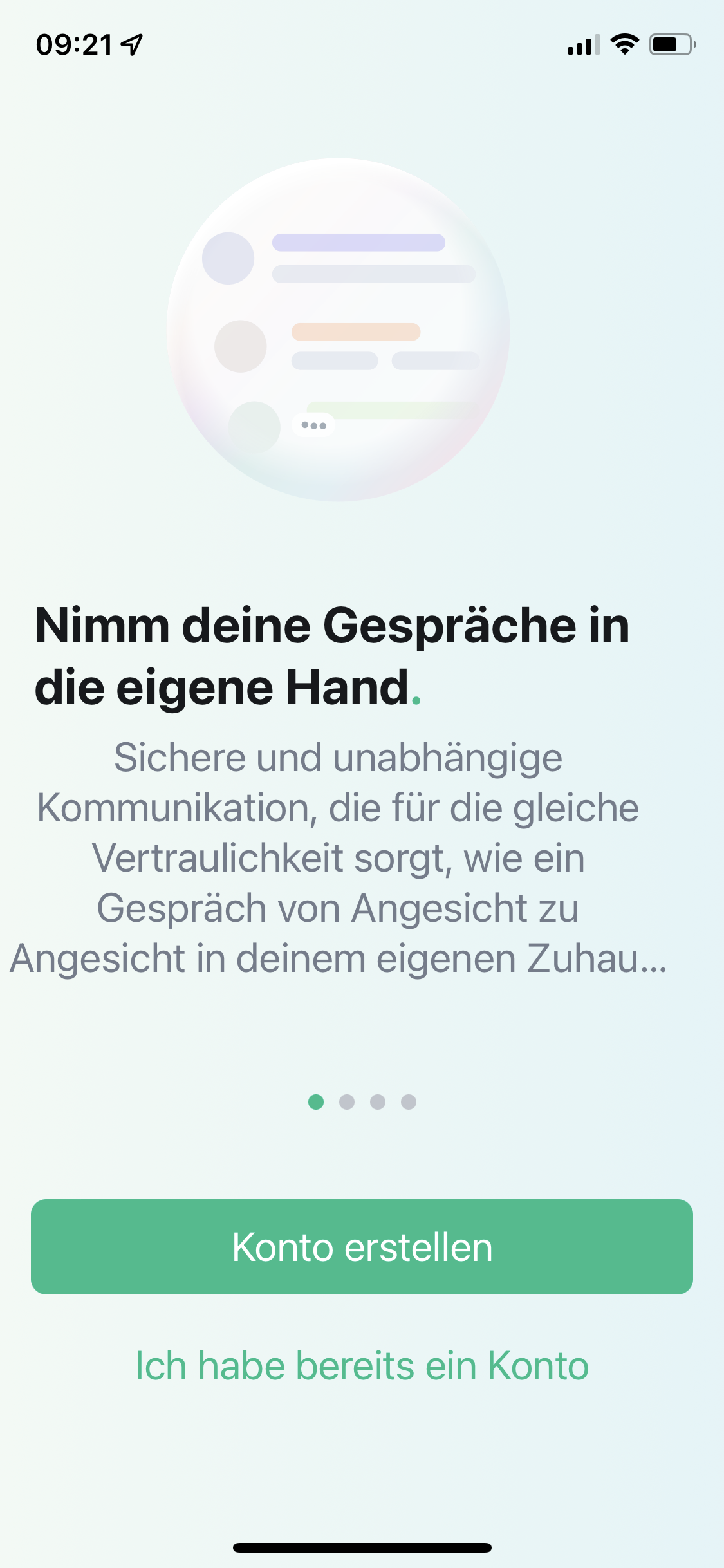 Einrichtungsanzeige der Element-App beim ersten Start. Es werden wischbare Hinweistexte angezeigt und darunter befinden sich die Buttons &ldquo;Konto erstellen&rdquo; und &ldquo;Ich habe schon ein Konto&rdquo;.