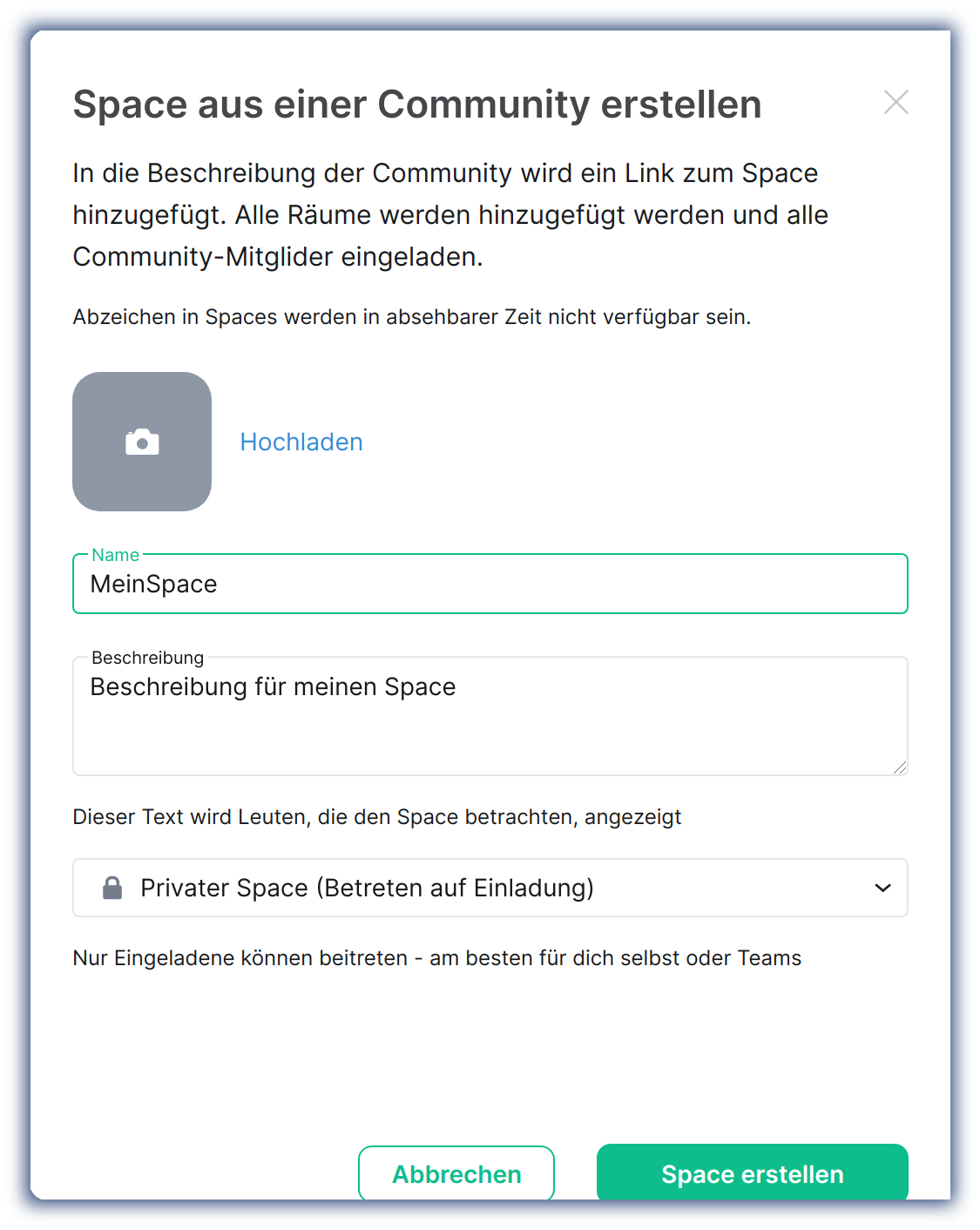 Dialog für die Konvertierung einer Community zu einem Space